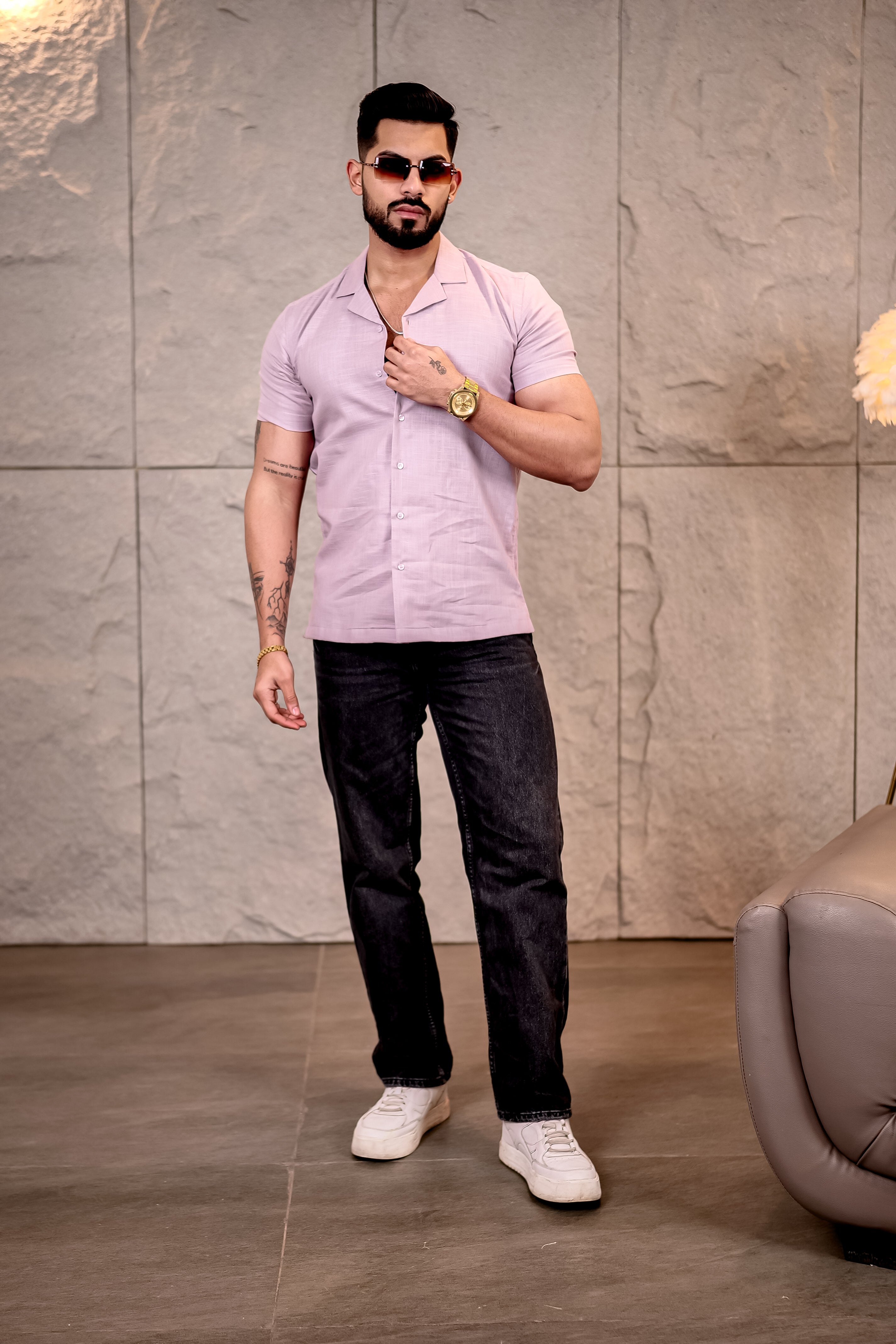 Solid Dusty Pink Cuban Collar Pure Cotton Shirt