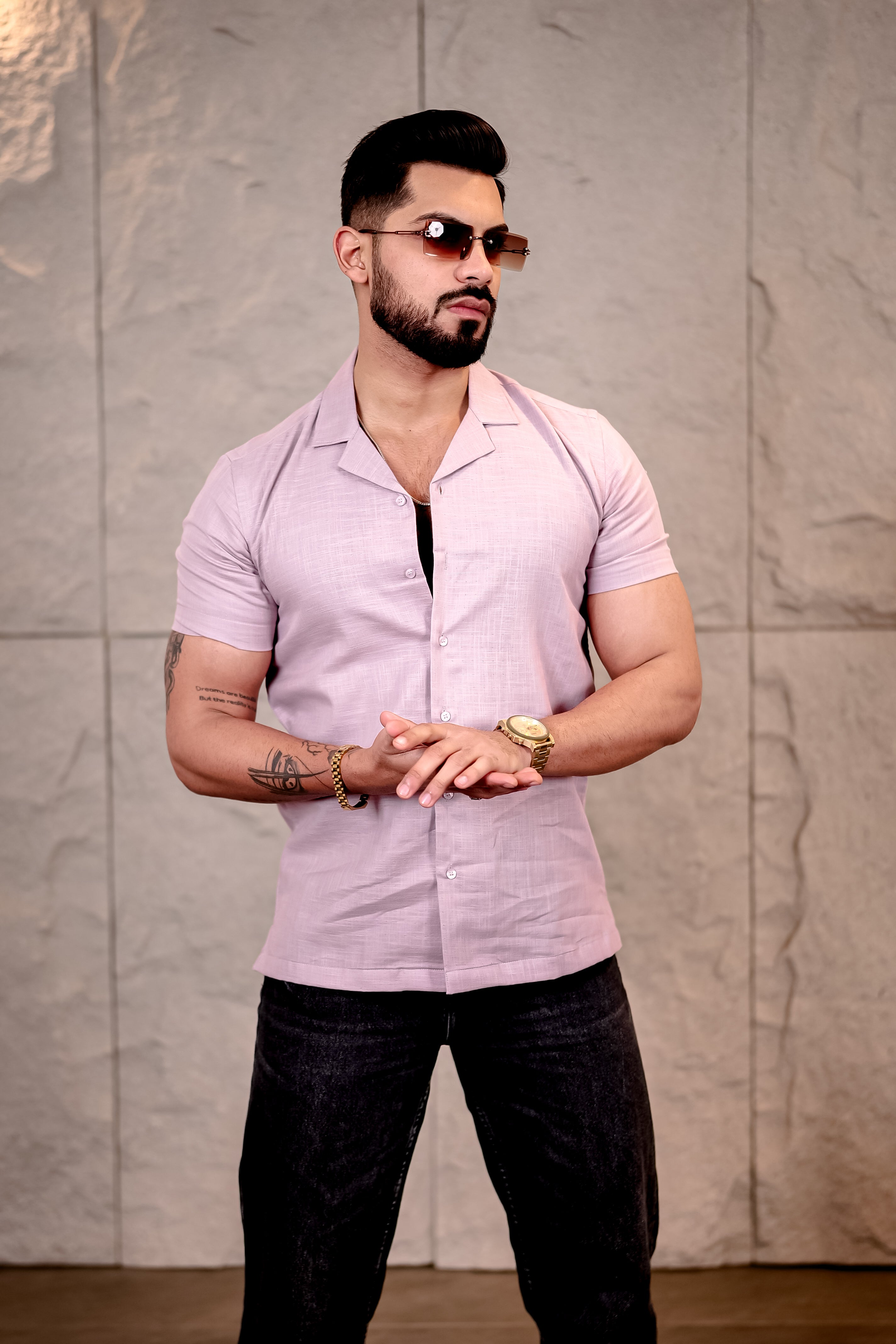 Solid Dusty Pink Cuban Collar Pure Cotton Shirt