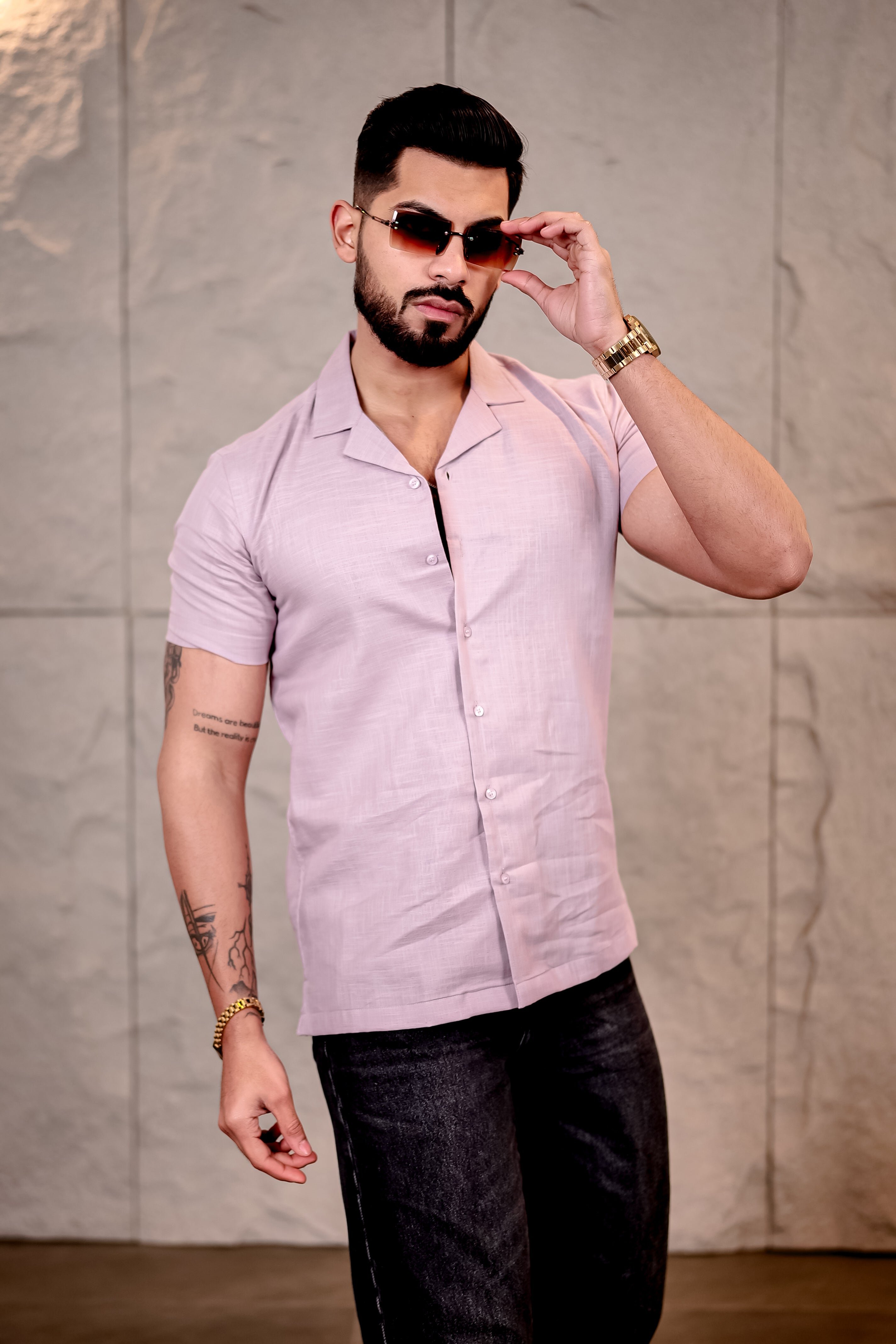 Solid Dusty Pink Cuban Collar Pure Cotton Shirt