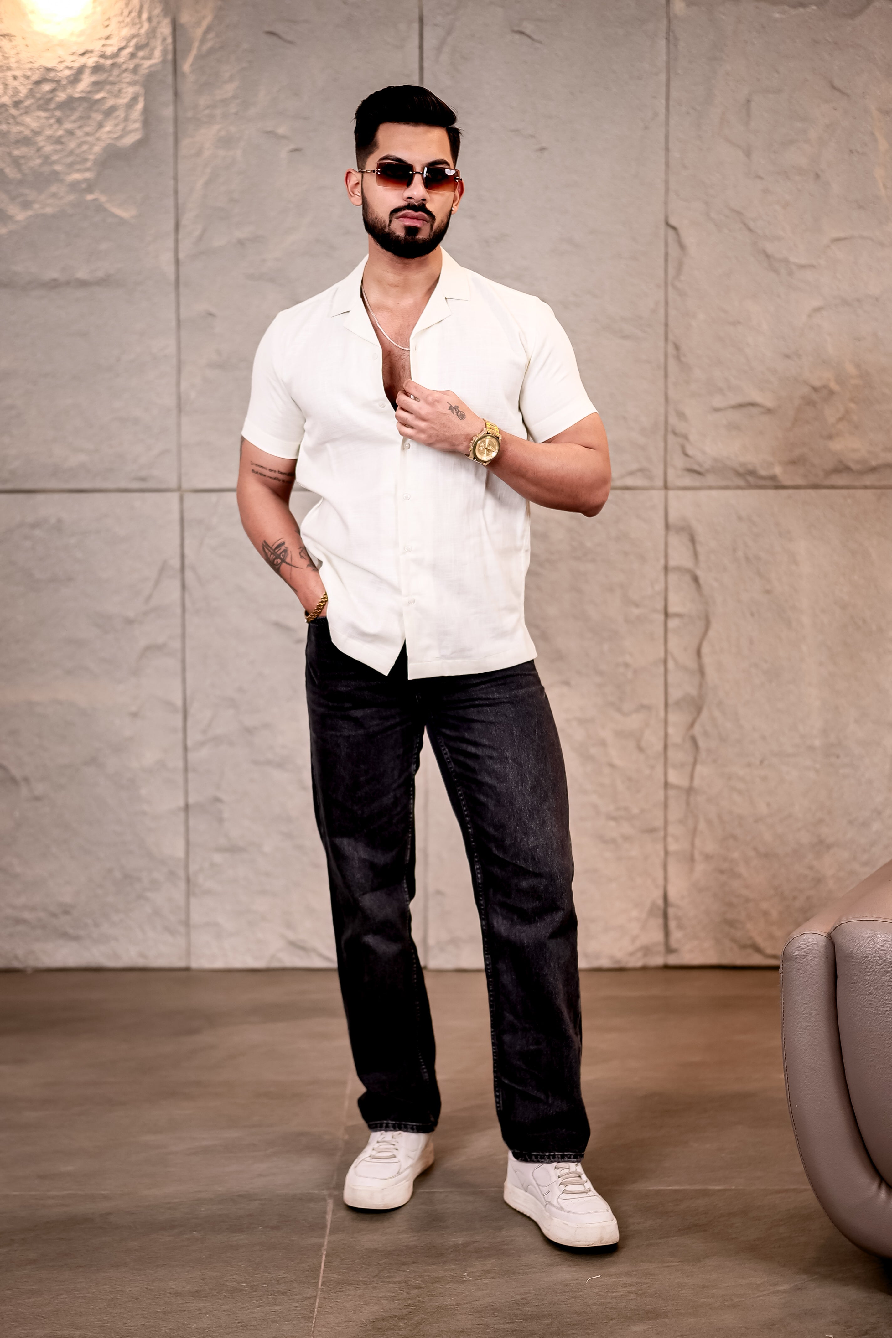 Solid Cream Cuban Collar Pure Cotton Shirt