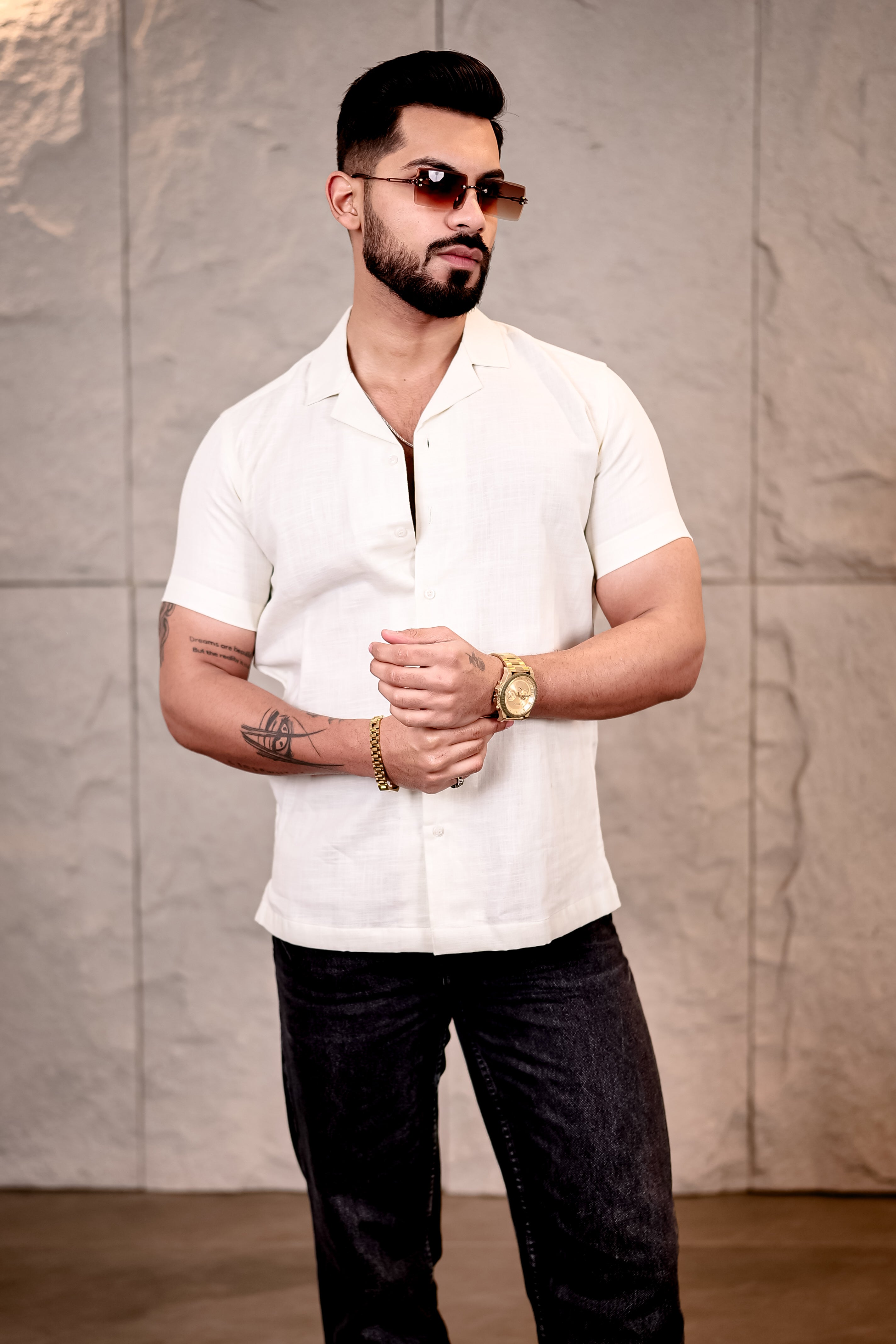 Solid Cream Cuban Collar Pure Cotton Shirt