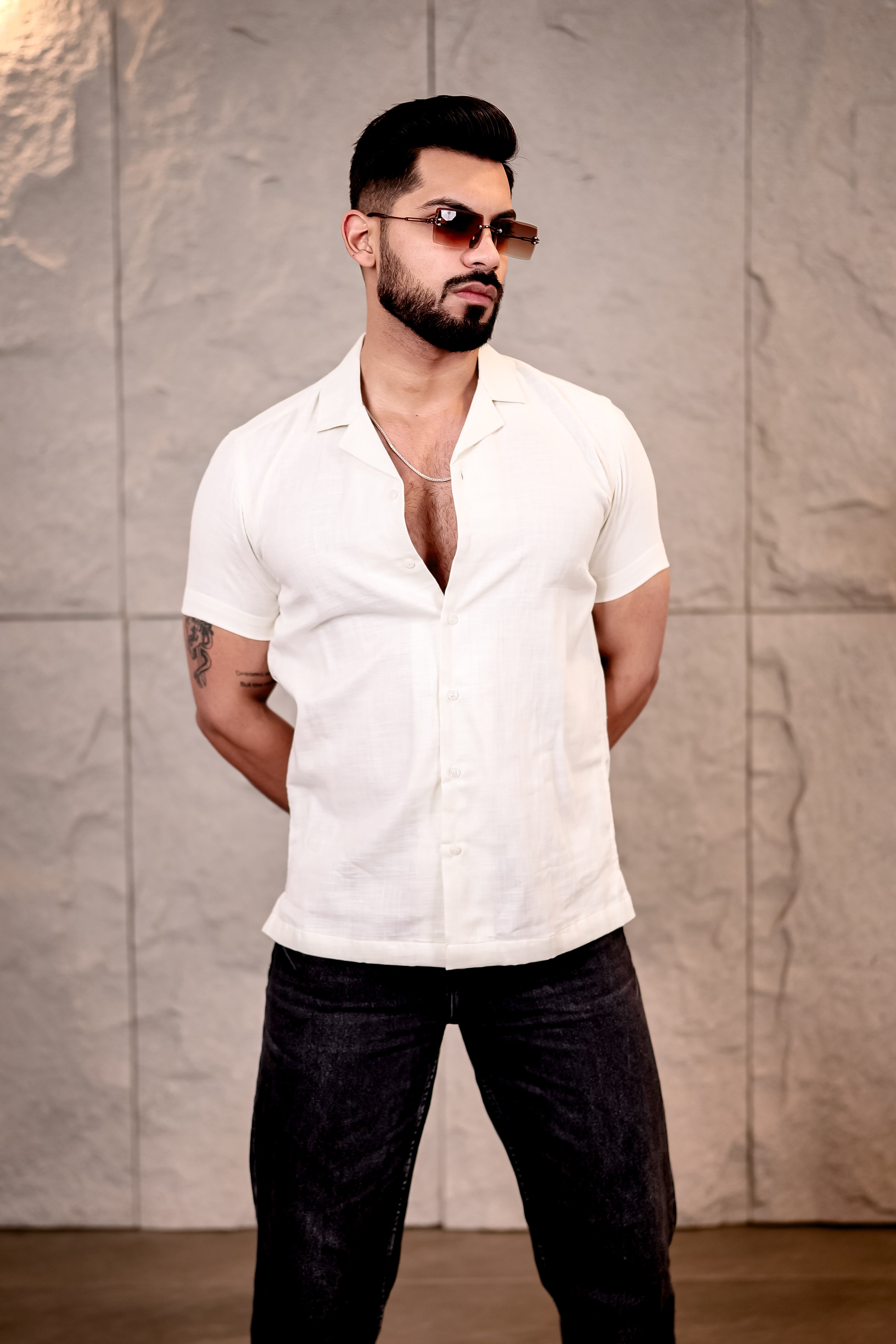 Solid Cream Cuban Collar Pure Cotton Shirt