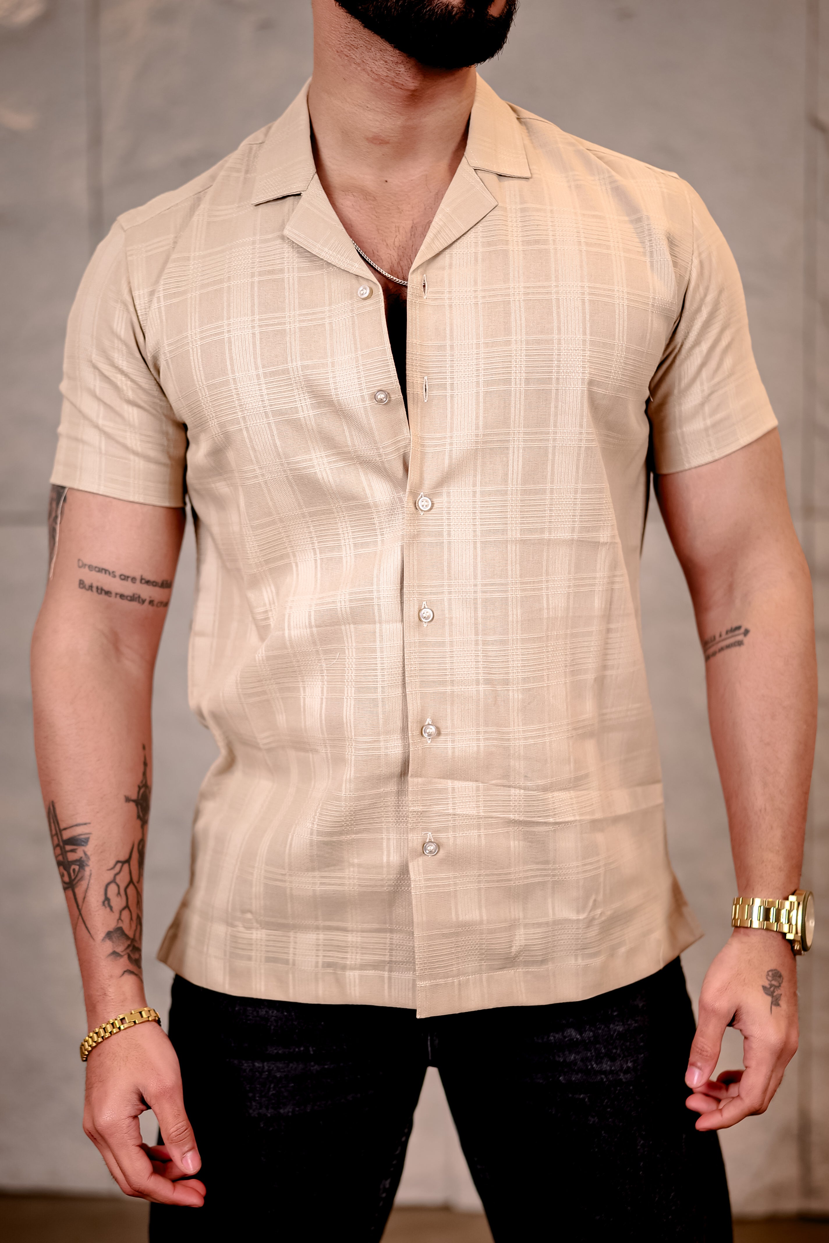 Checkered Beige Cuban Collar Pure Cotton Shirt