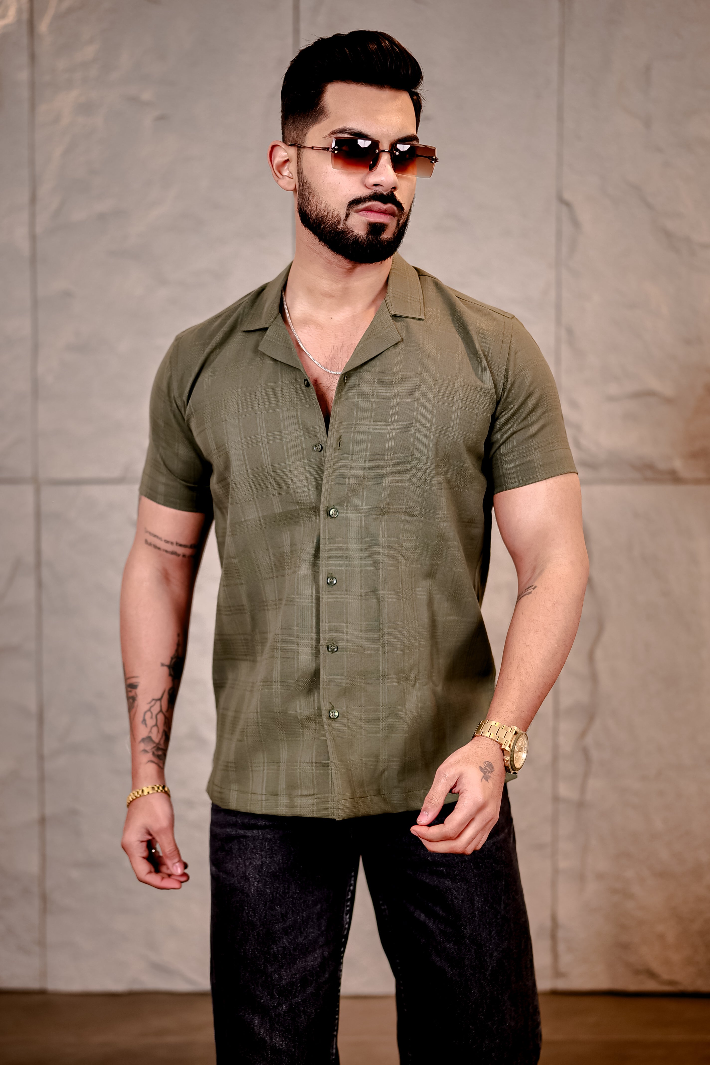 Checkered Olive Green Cuban Collar Pure Cotton Shirt