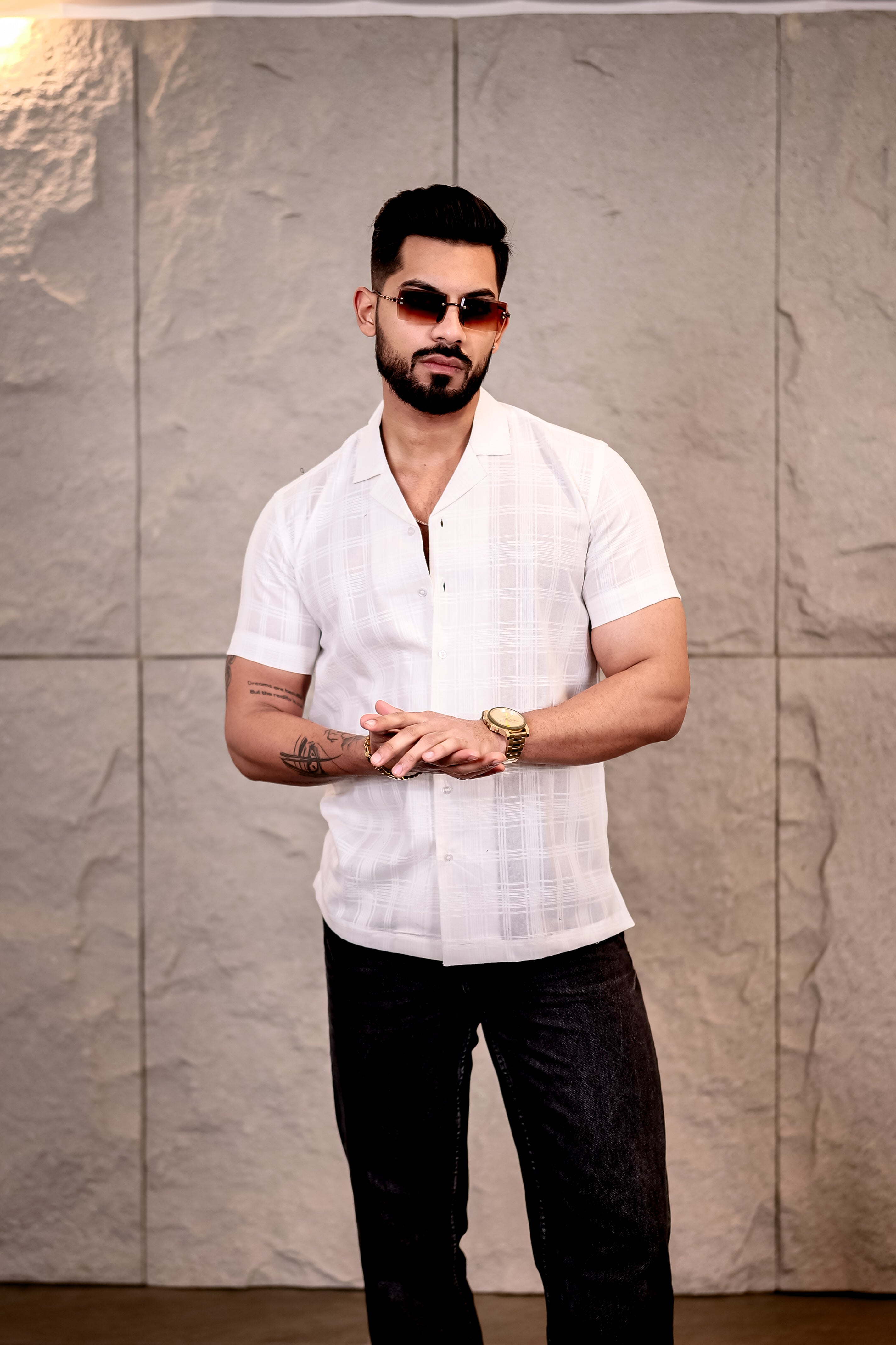 Checkered White Cuban Collar Pure Cotton Shirt