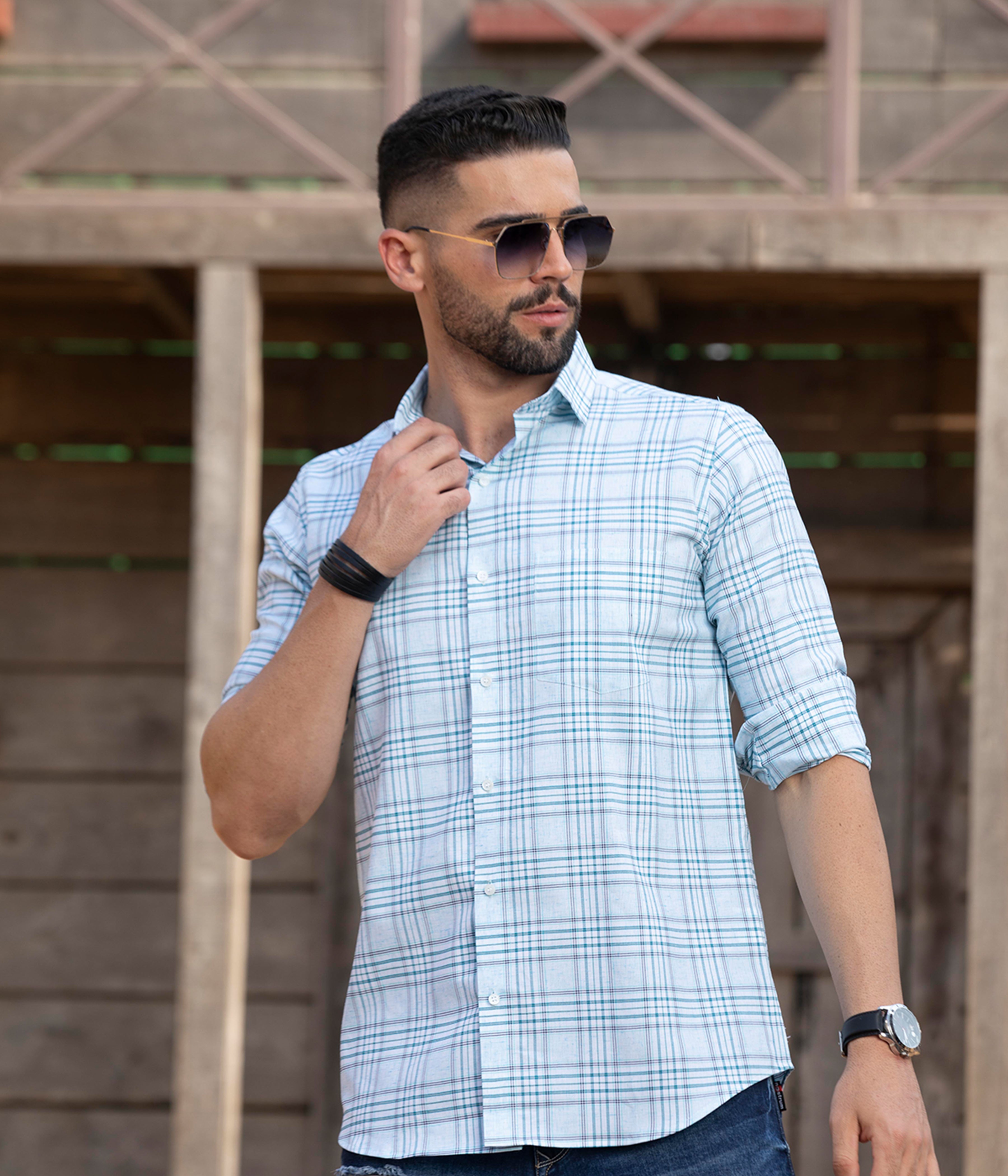 Checks men's sky blue shirt