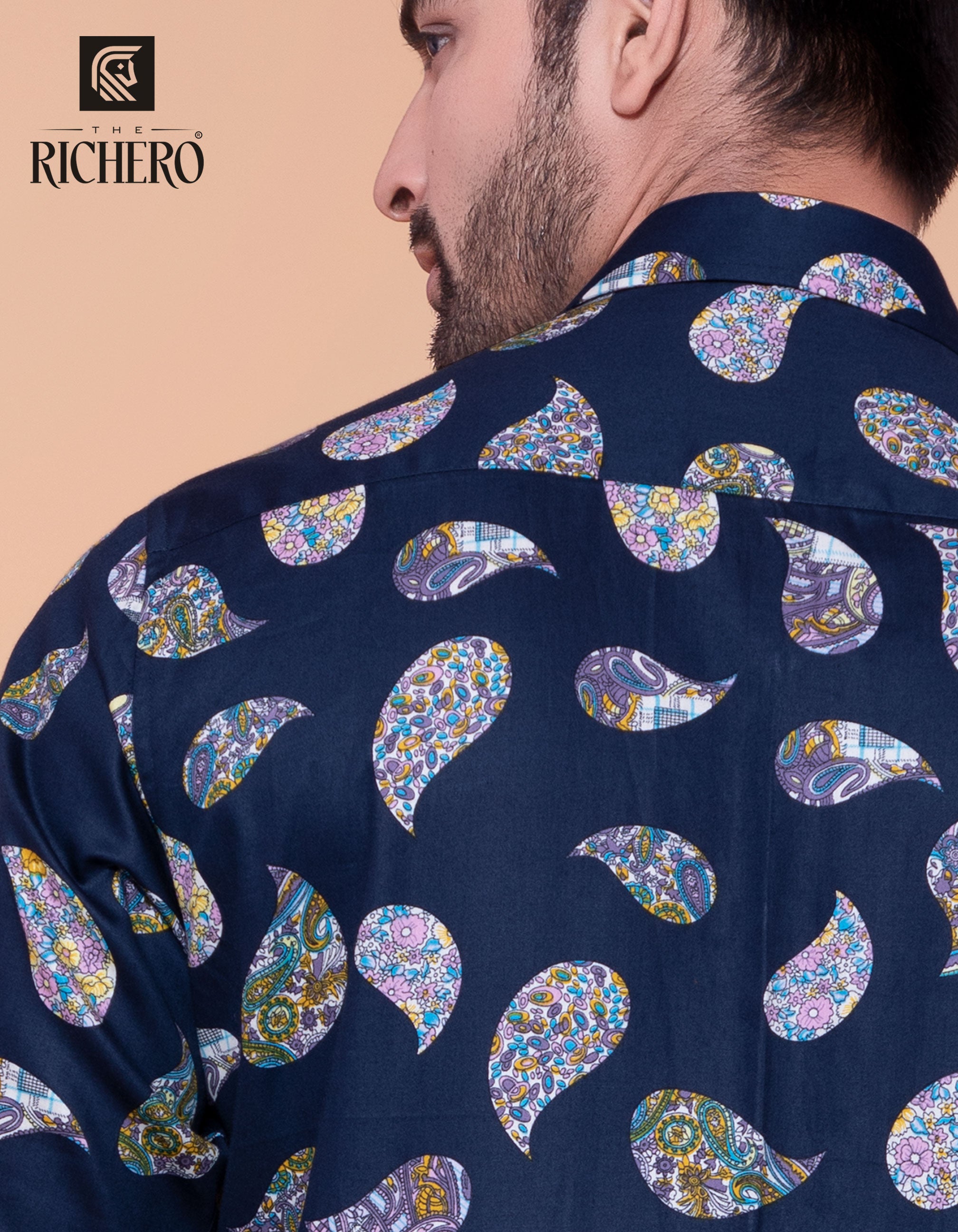 Navy blue designer leaf printed shirt