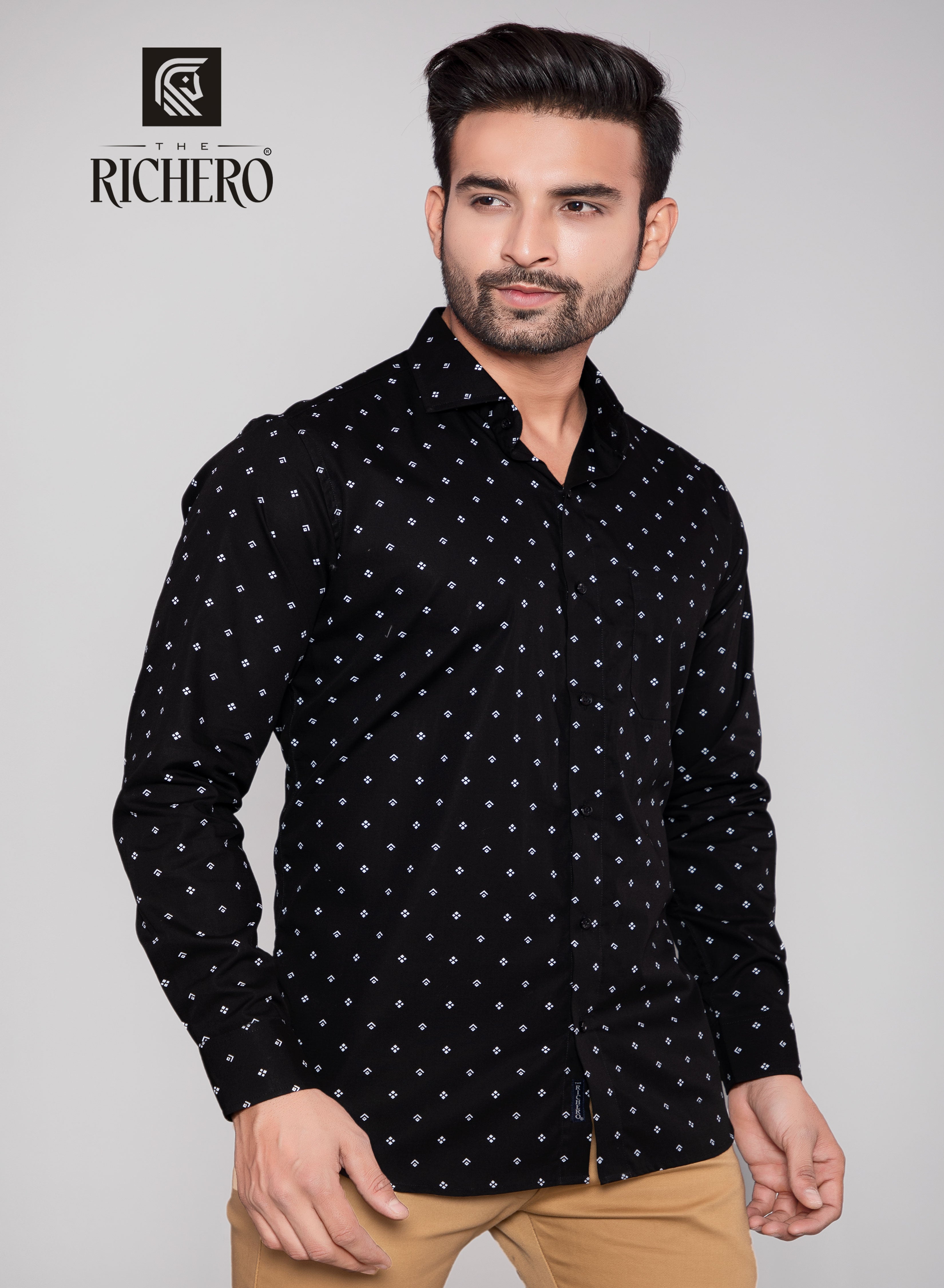 Black printed dotted casual wear shirt