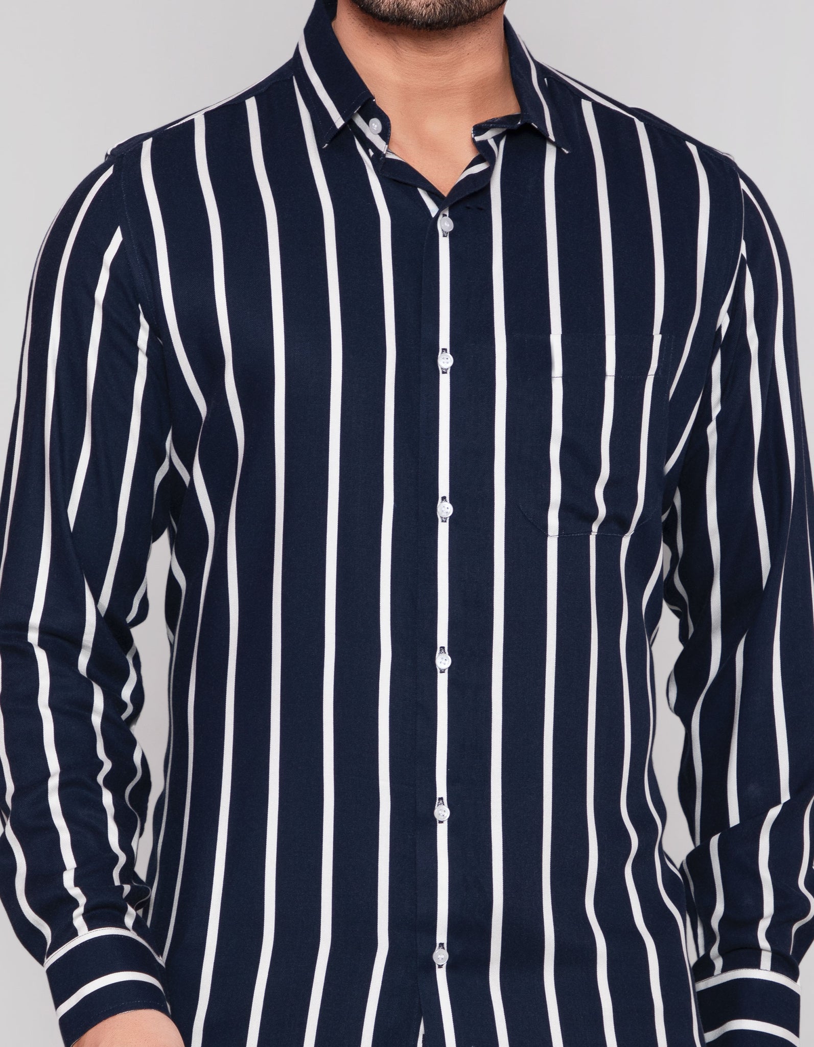 Navy Blue Cotton White Stripes shirt
