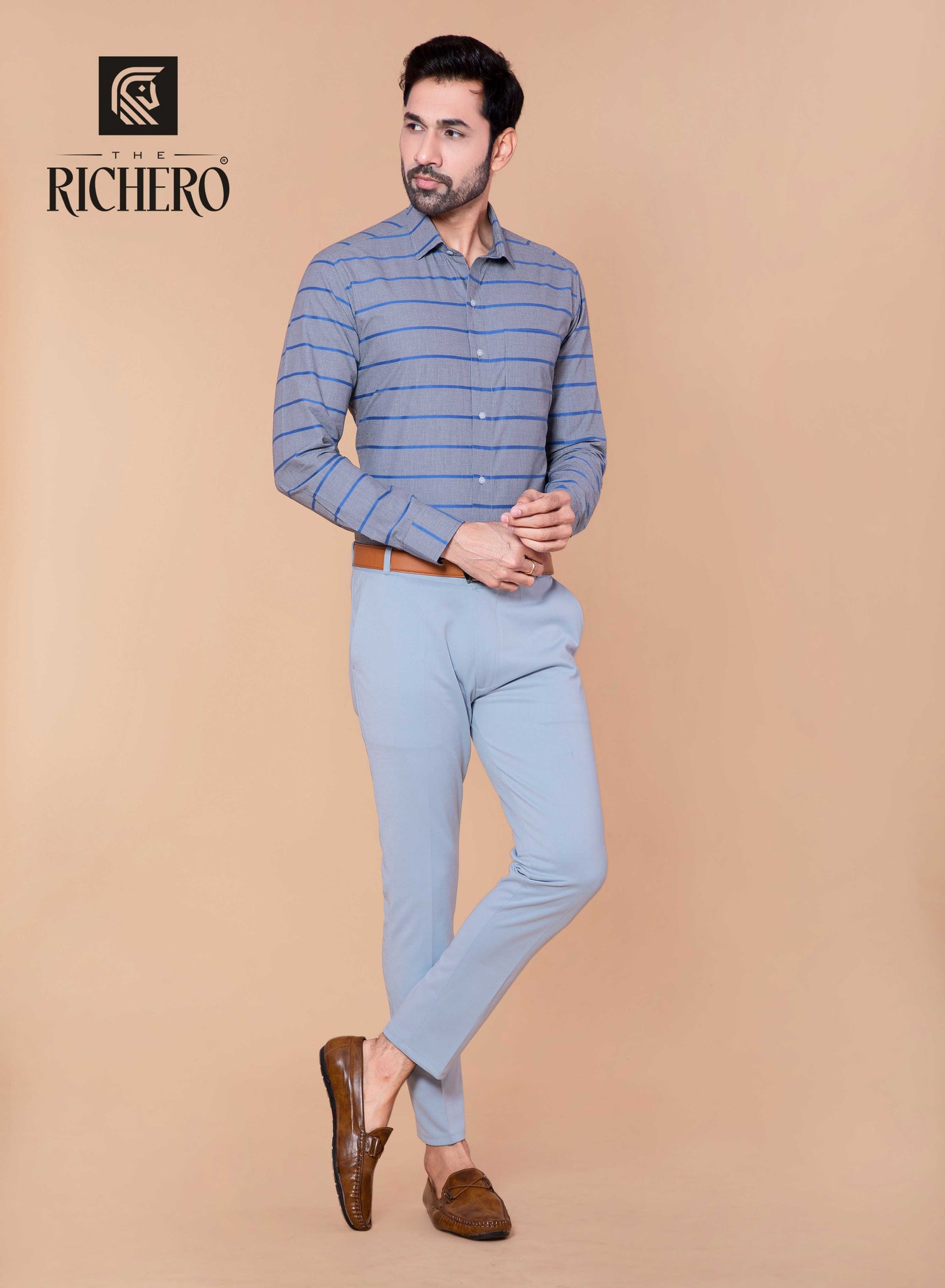 Grey color shirt with blue stripes collar 