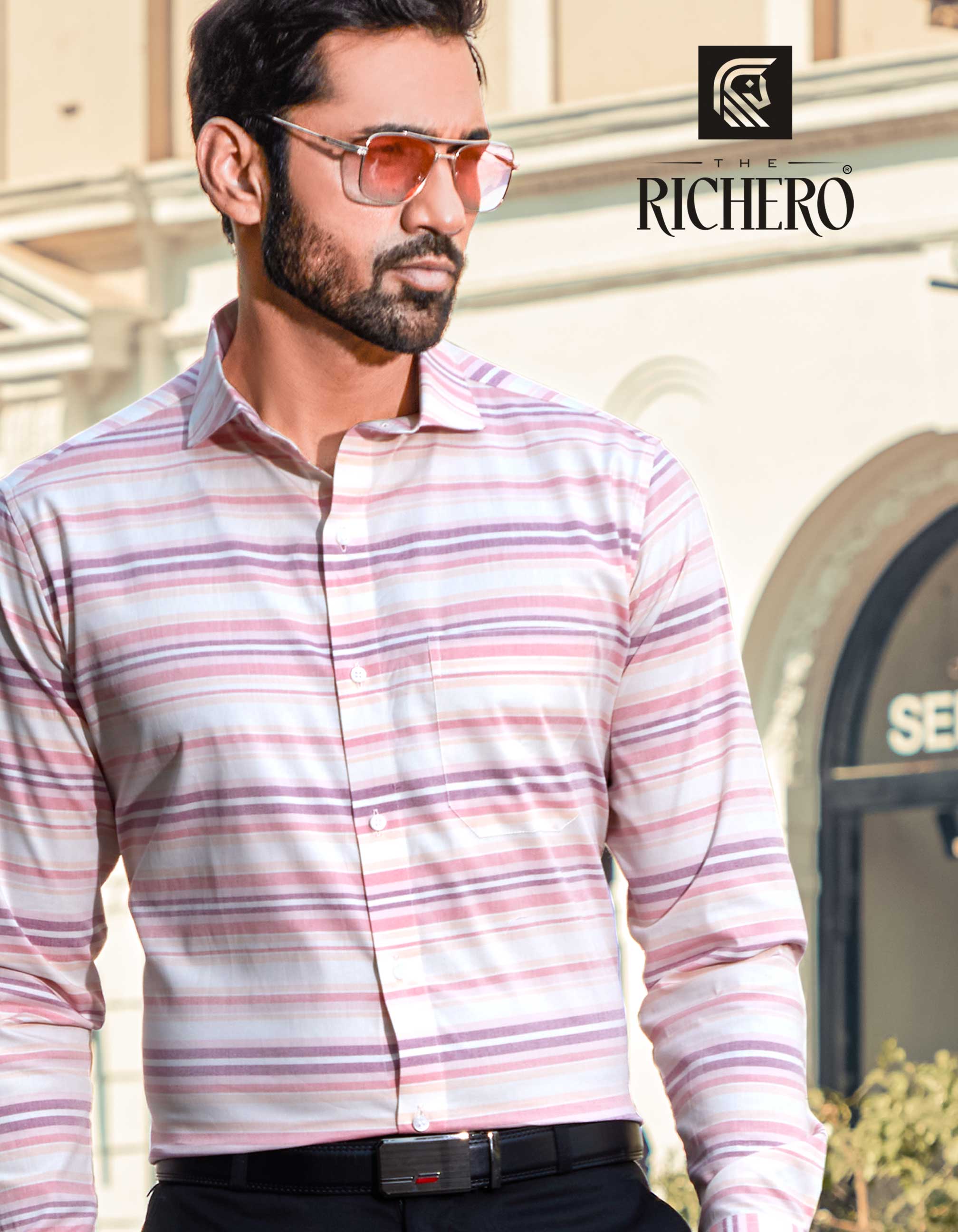 Pink & white stripe line formal shirt