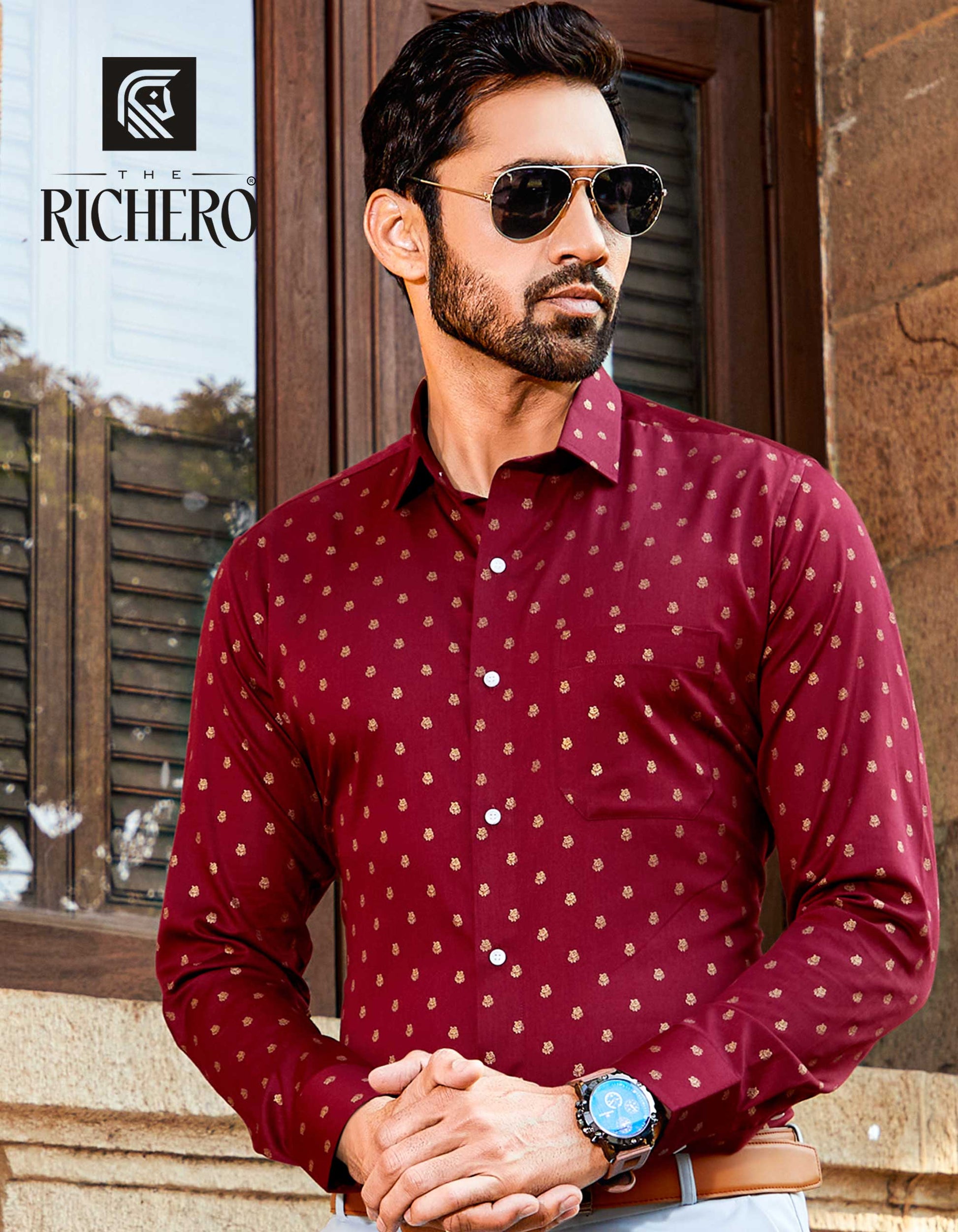 Printed Cherry Red Mens Casual Wear Cotton Shirt, Size: M-4xl at