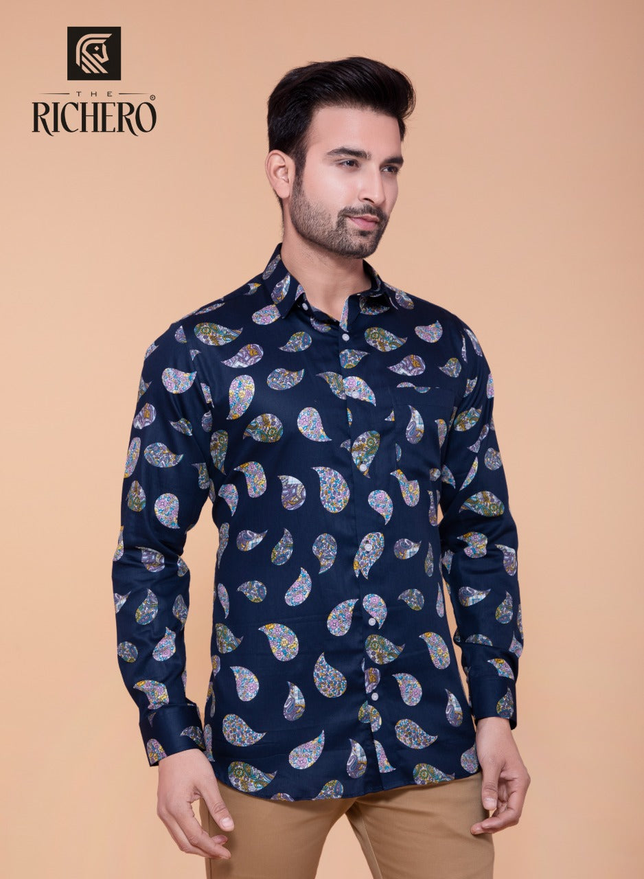 Navy blue designer leaf printed shirt