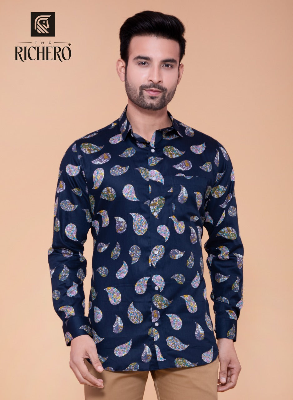 Navy blue designer leaf printed shirt