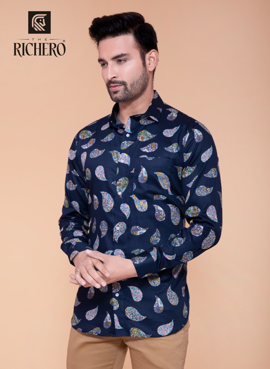 Navy blue designer leaf printed shirt