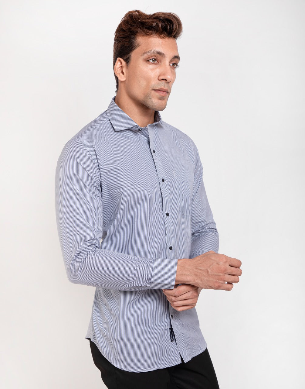 White & navy blue stripes cotton shirt