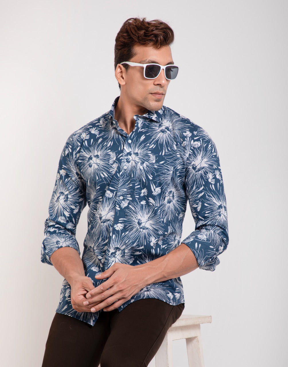 Rust blue with florel printed shirt