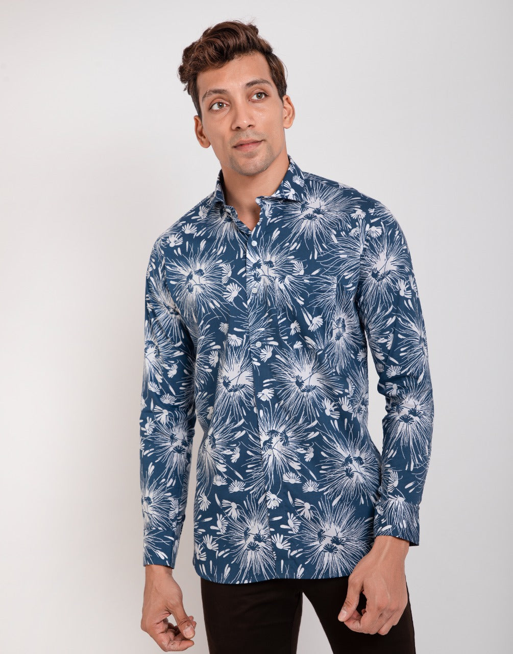 Rust blue with florel printed shirt