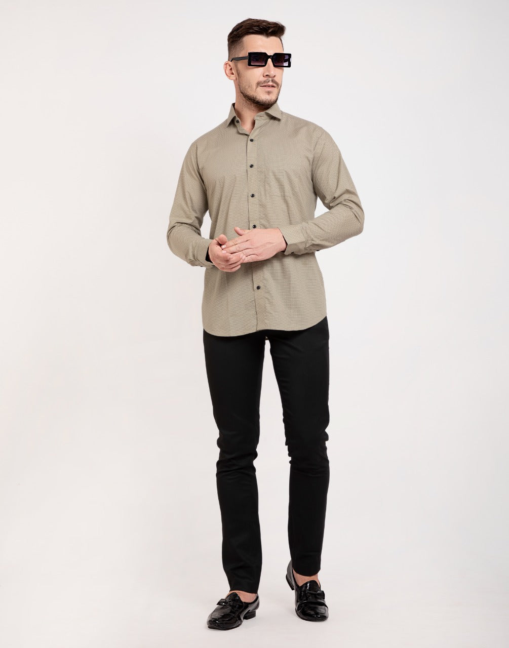 Buy Sand Beige Band Collor Shirt