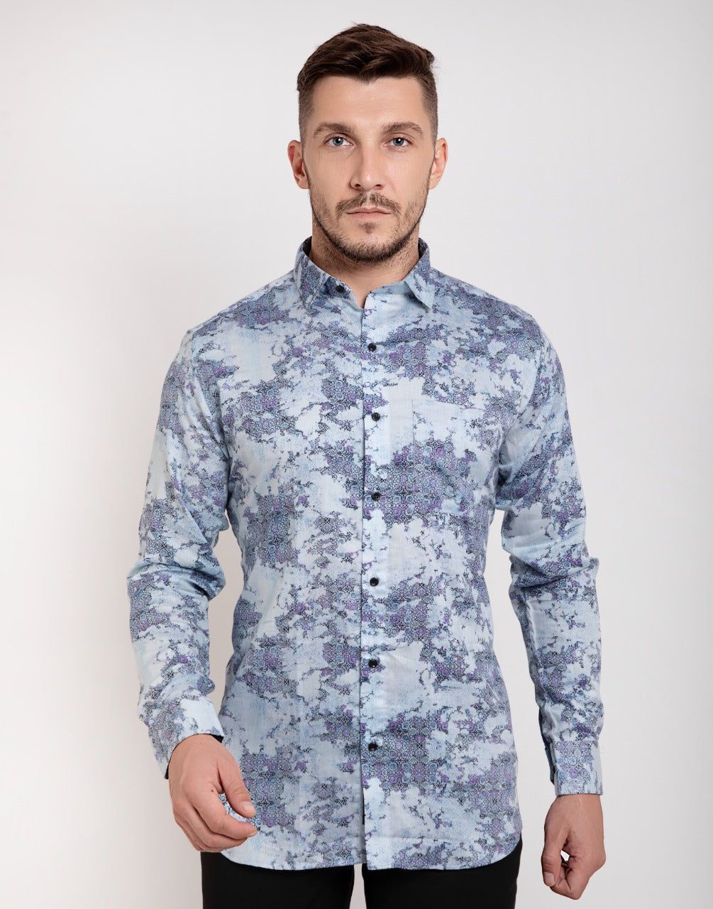 Light blue giza cotton printed casual shirt