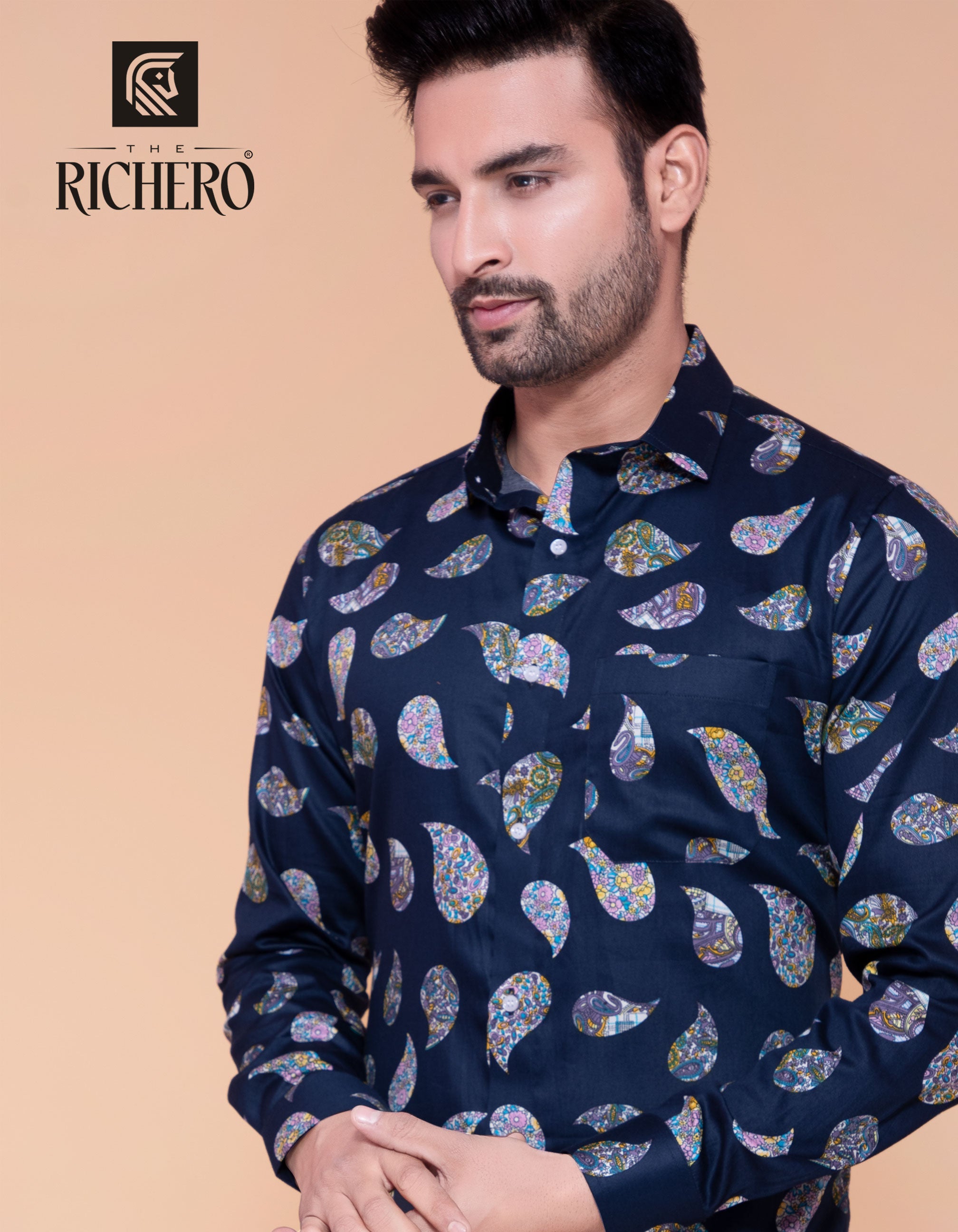 Navy blue designer leaf printed shirt