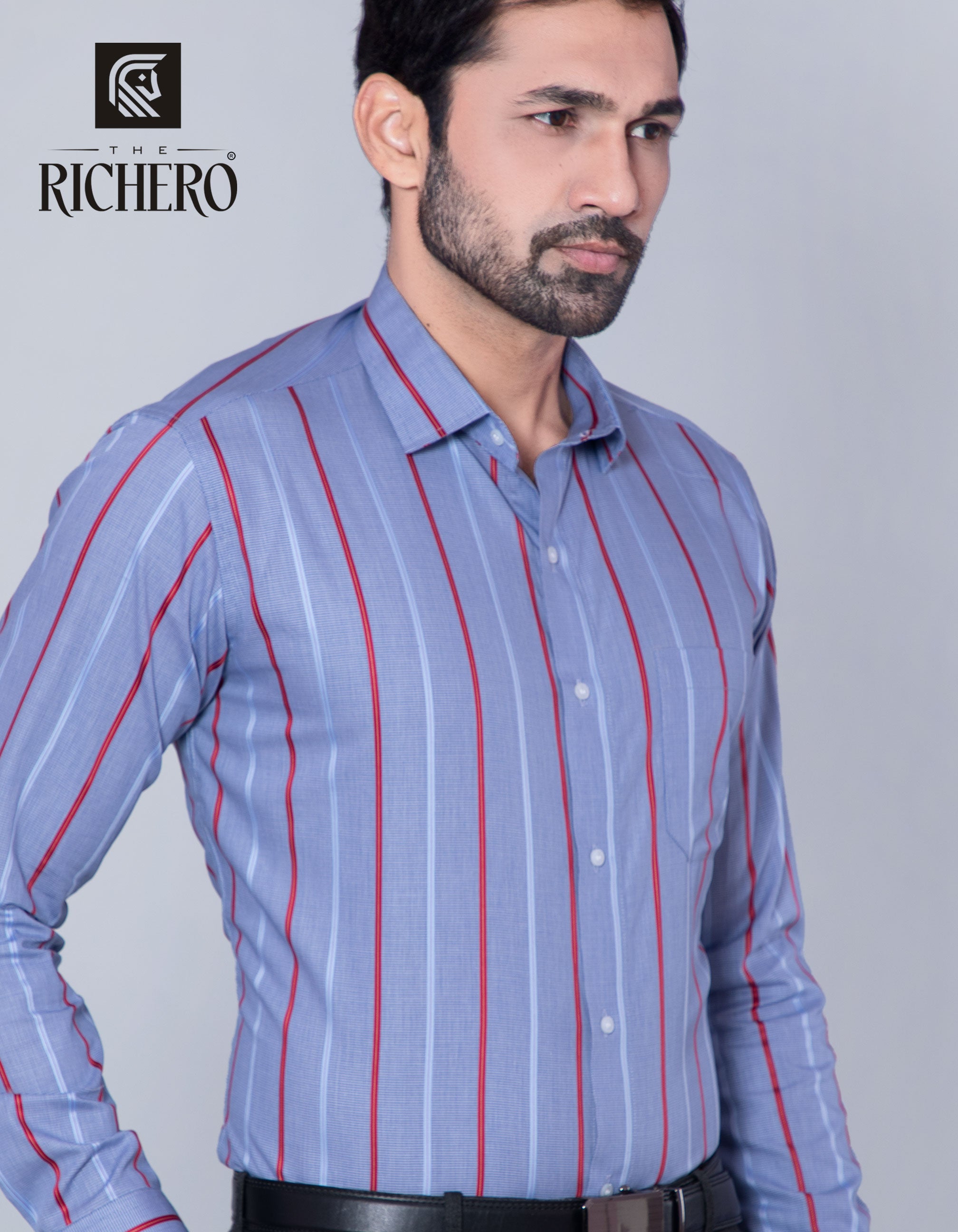 Cotton men's shirt in periwinkle blue & red stripes | The Richero